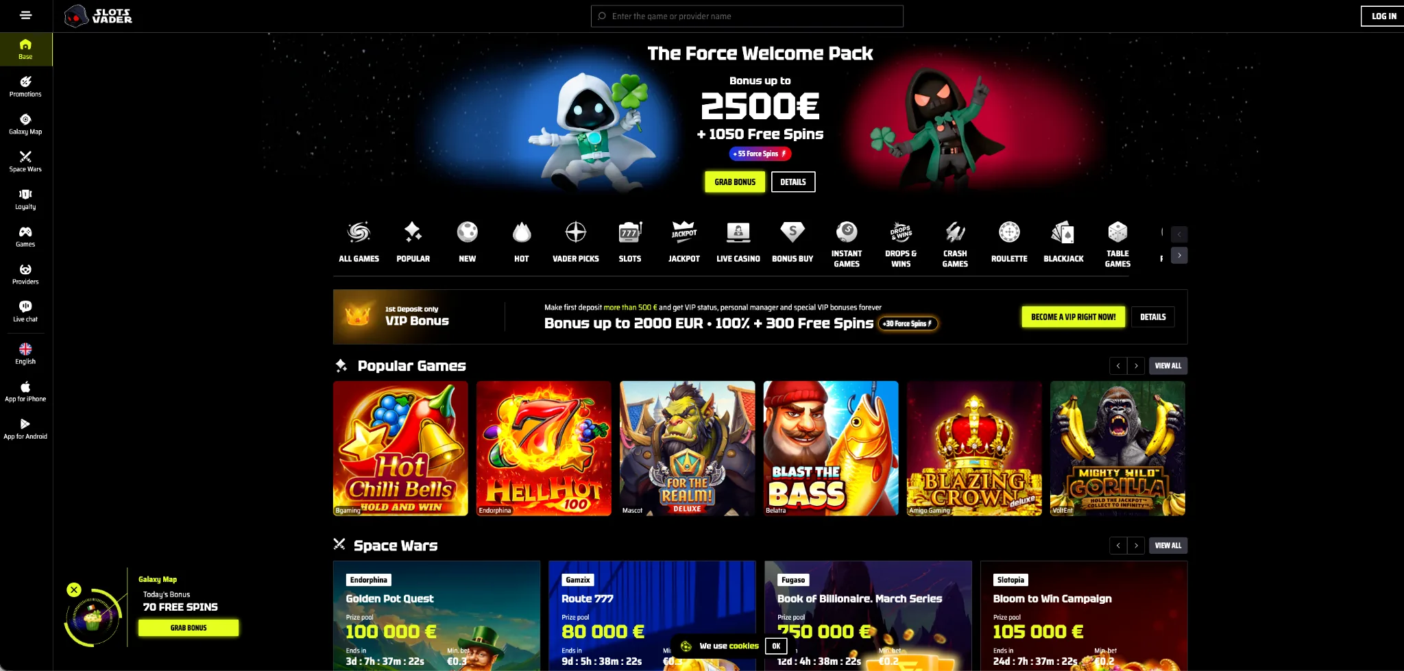 SlotsVader casino online – bónus Highroller até 2.000€ + 300 rodadas grátis