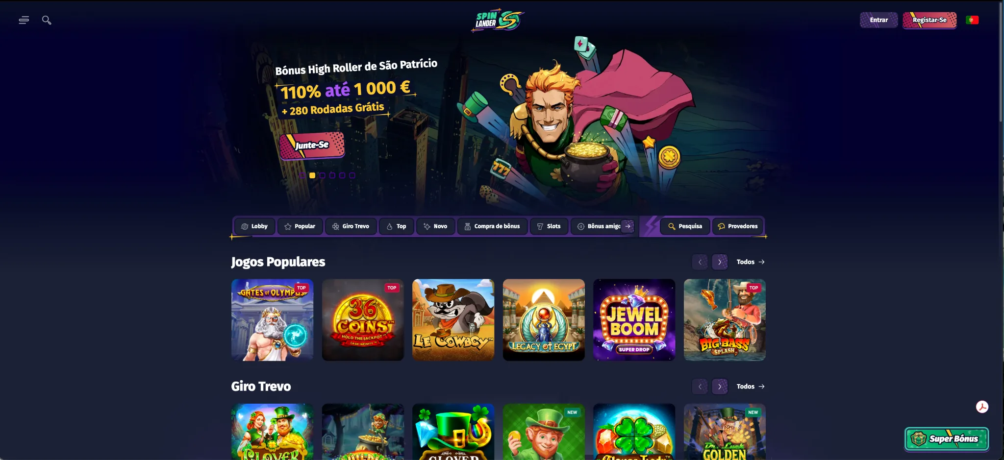 Spinlander casino online – bónus até 2.477€ + 400 FS + sistema de Gemas
